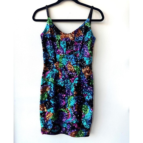 Dresses & Skirts - Vintage 80s Oleg Cassini Black Tie Multicolor Sequined New Years Eve Mini Dress